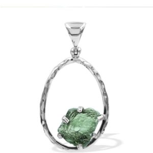 Raw Moldavite 925 Sterling Silver Hammered Hoop Pendant