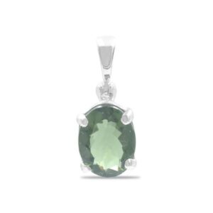 Oval Faceted Moldavite Prong Set Pendant in Sterling Silver - Large