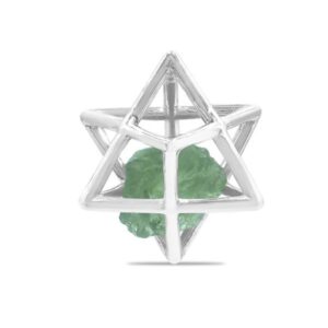 Natural Raw Moldavite in Merkabah Sterling Silver Cage Pendant and Chain