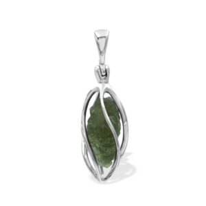 Natural Moldavite Pendant in Pointed Sterling Silver Spiral Cage