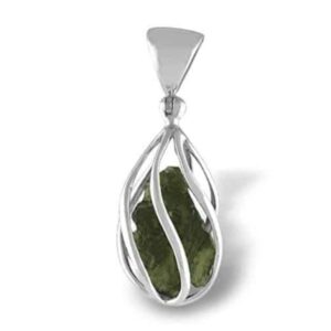 Natural Moldavite Pendant in Sterling Silver Cage
